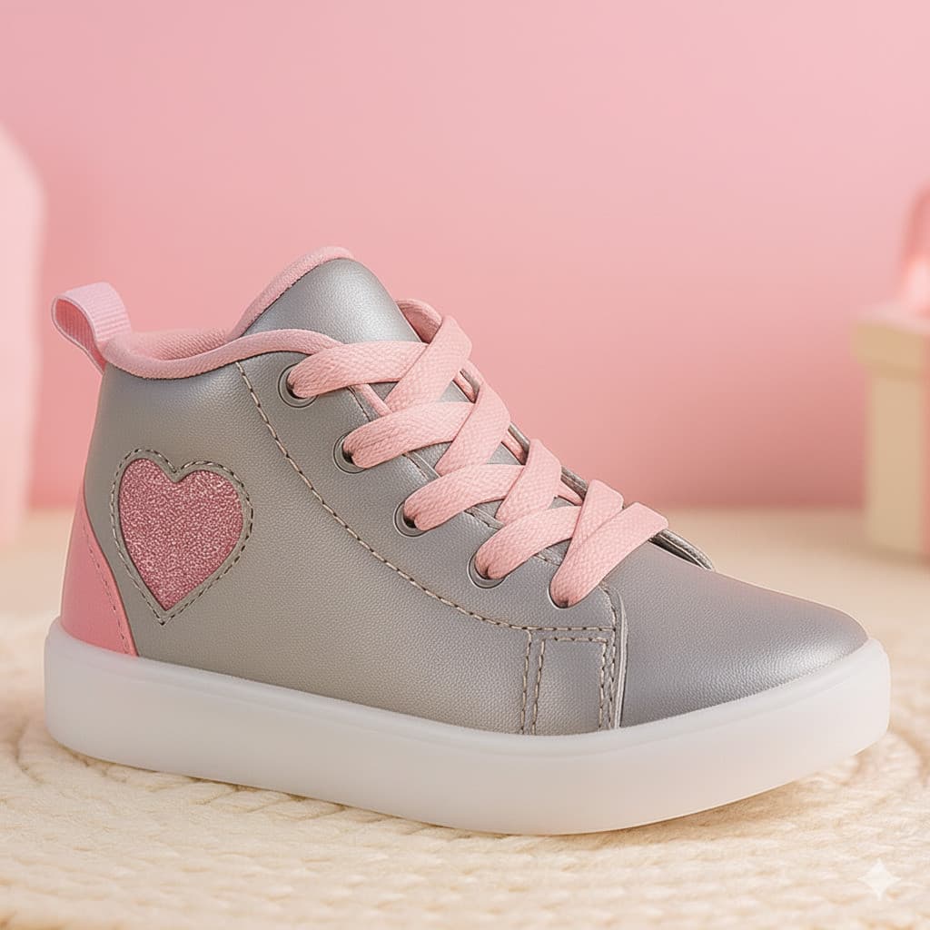 Tenis Botinha de Menina Infantil Prateado Coração Glitter Lançamento