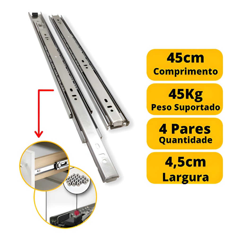 Par De Corrediça Telescópica 35cm Reforçada 45kgs
