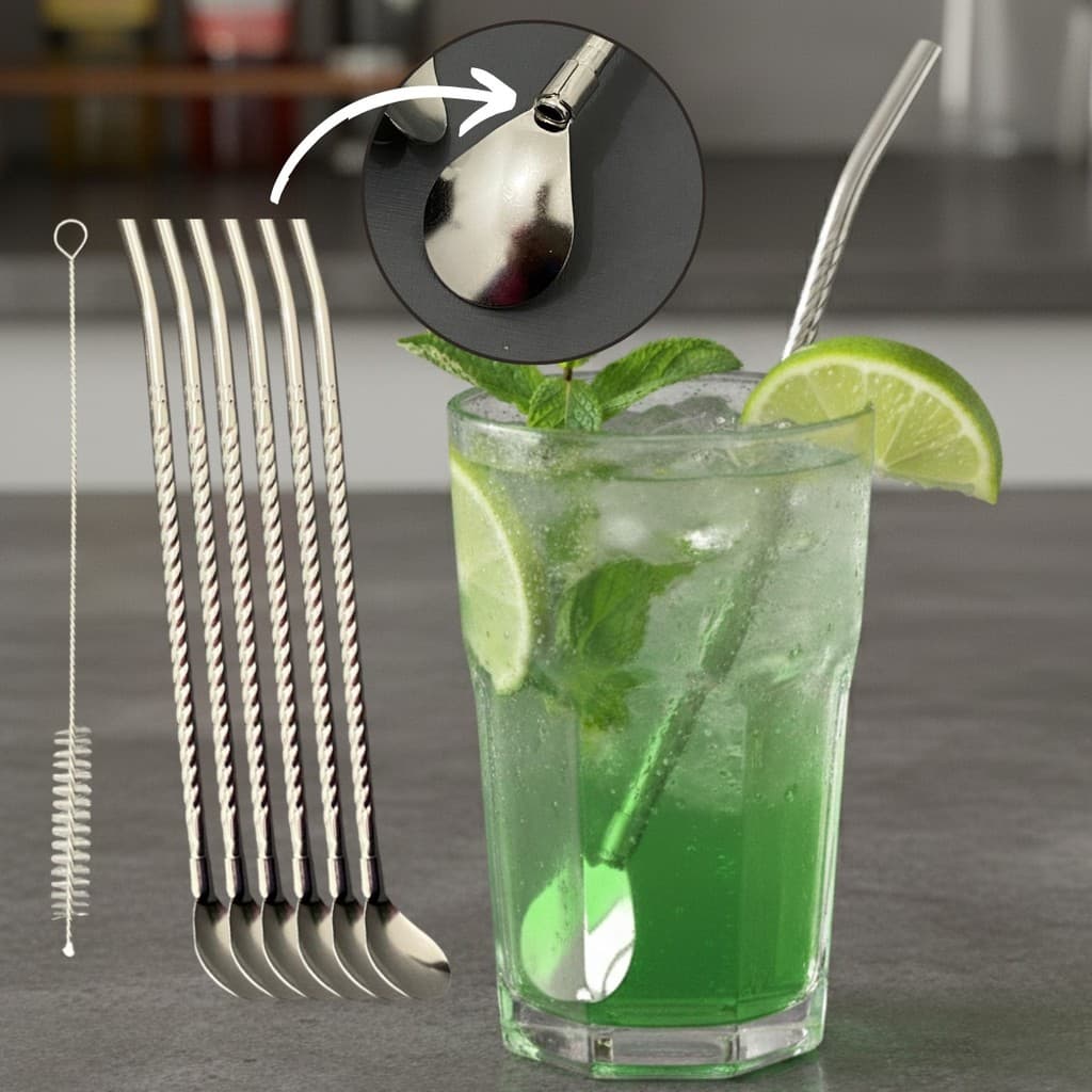Kit 6 Canudos 2 em 1 Conudo Colher de Inox 22cm Reutilizáveis + Escovinha Para Limpeza Drinks