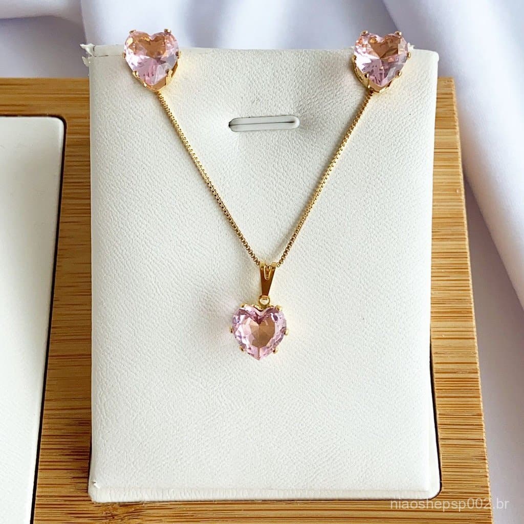 Colar e Brinco Coração Zircônia Rosa Tifani Banhado A Ouro 18k