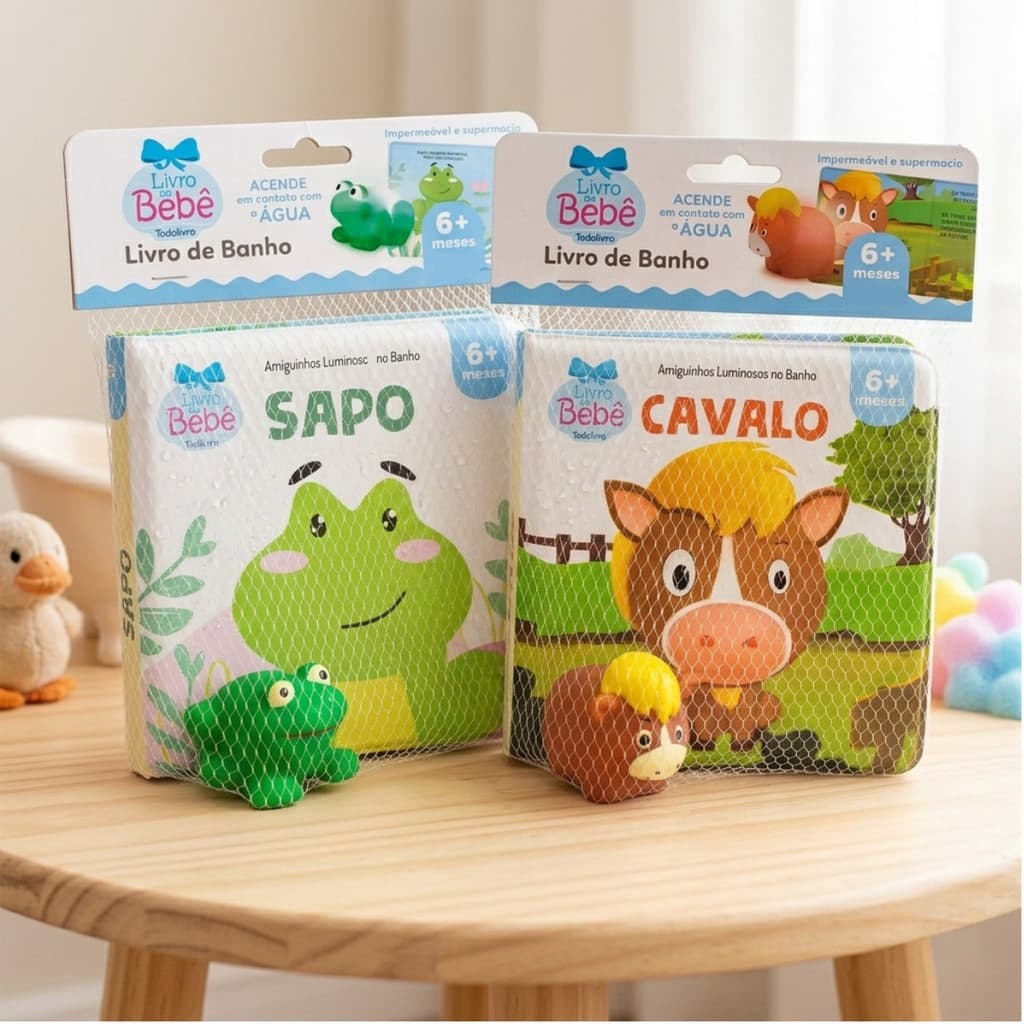 Kit 2 Livro de Banho Bebê Amiguinhos Luminosos Animais Com Brinquedo 6+ Meses Infantil