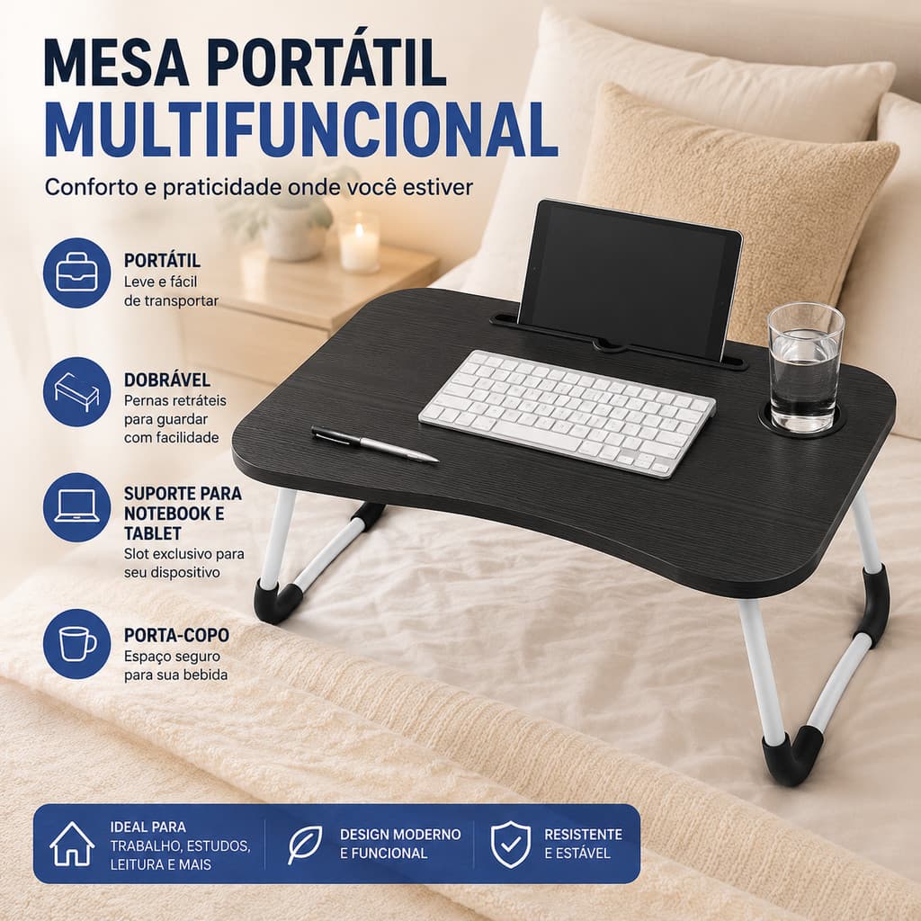 Mesa Dobrável para Notebook Cama Estudo Portátil com Porta Copo Suporte Celular Quarto Sala