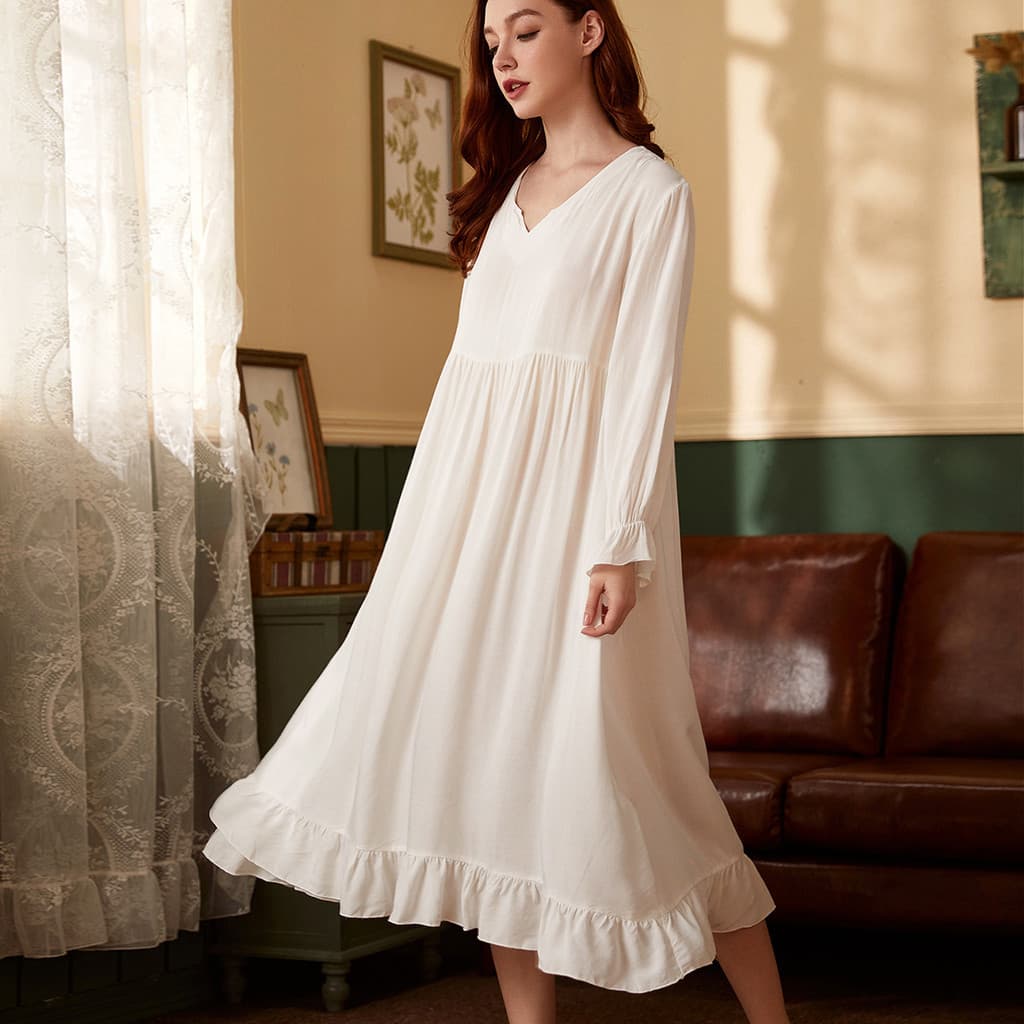 Princesa manga longa pijamas branco camisola feminina gola de renda pijamas franceses longos femininos