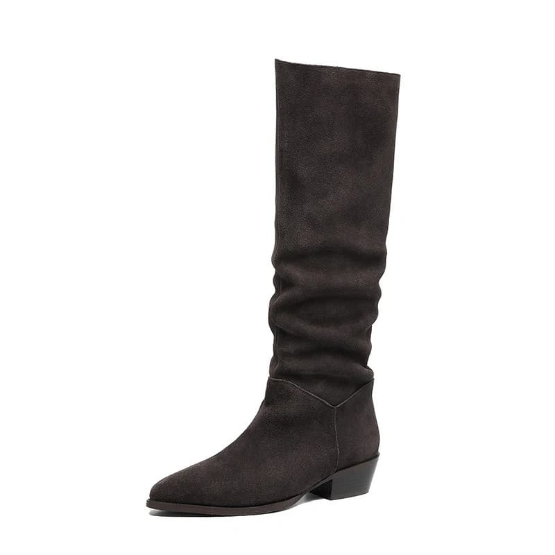 Nova Tendência 2026 Outono Inverno Botas Femininas de Cano Alto em Camurça Natural, Bico Fino, Cor Chocolate, Slip-On, S