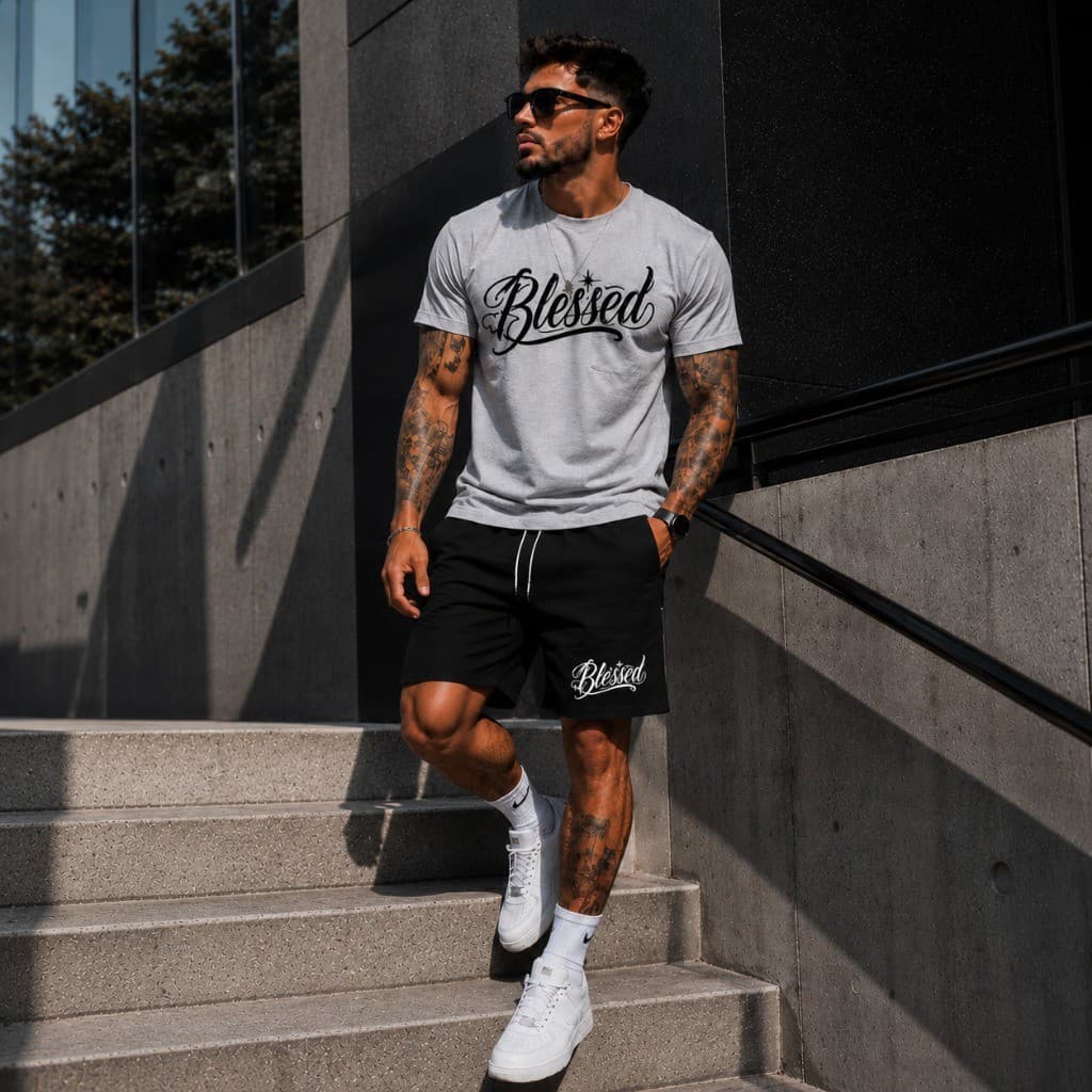 Conjunto Camiseta 100% Algodão Blessed Slim + Short de Tactel Masculino Casual Estiloso