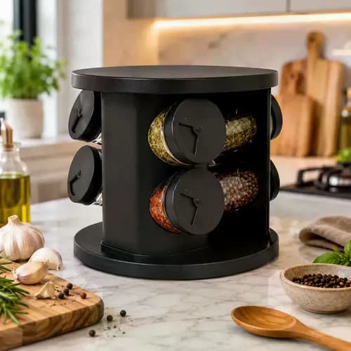 Porta Temperos E Condimentos Giratório 6 Potes Vidro Preto S Preto