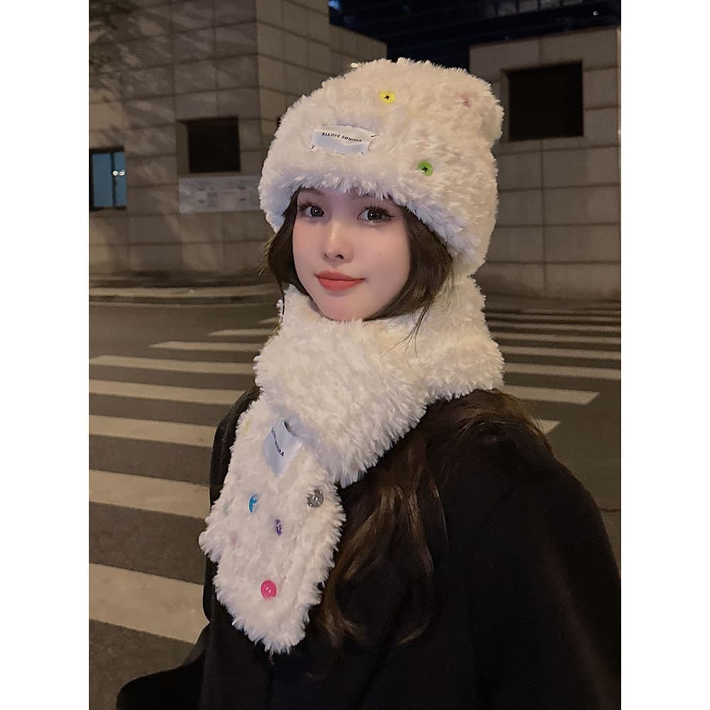 Versão coreana branco quente engrossado cachecol feminino outono inverno botões de cor de pelúcia lã à prova de frio cha