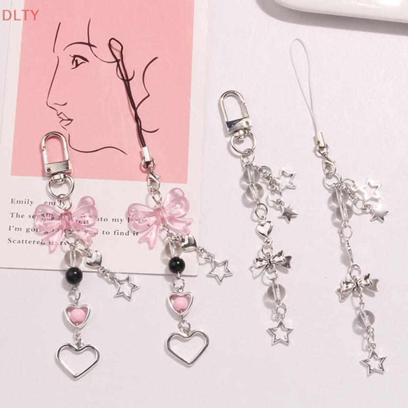 DL Goth Y2K Charme De Telefone Arco Coração Estrela Chaveiro Pingente Kawaii Bolsa Corrente Acessório Fofo Para Meninas