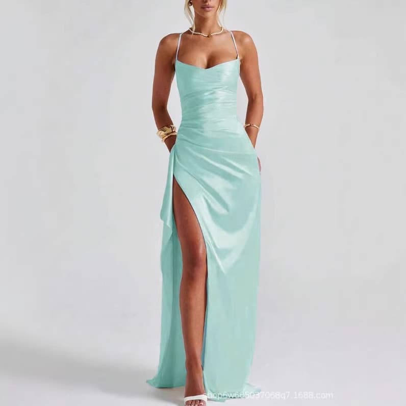 Vestido Feminino Elegante de Verão 2026, Novo Estilo, Cor Sólida, Longo, com Fenda, Sem Alças PFX3