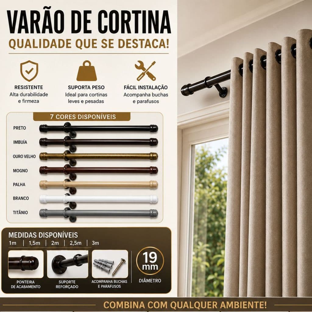 Varão Cortina Simples Reforçado Com Suportes E Parafusos