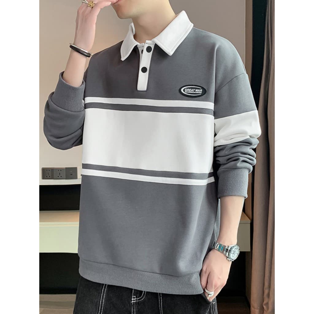 Camiseta de manga comprida moletom masculino lapela camisa POLO primavera outono listras bonito All-Match camisa de fund
