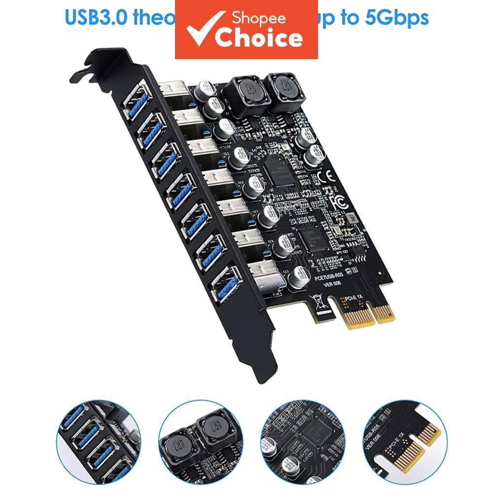 Multiplicador USB3.0 Gen1 5Gbps PCI-E para 7 portas USB 3 Hub Adaptador de expansão Placa de captura PCIe x1 Controlador