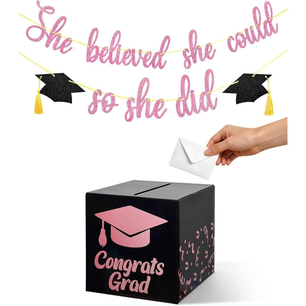 Decorações de Formatura Rosa 2026, Caixa de Presente para Formatura de Meninas e Faixa Pré-Enfeitada "Ela Acreditou Que