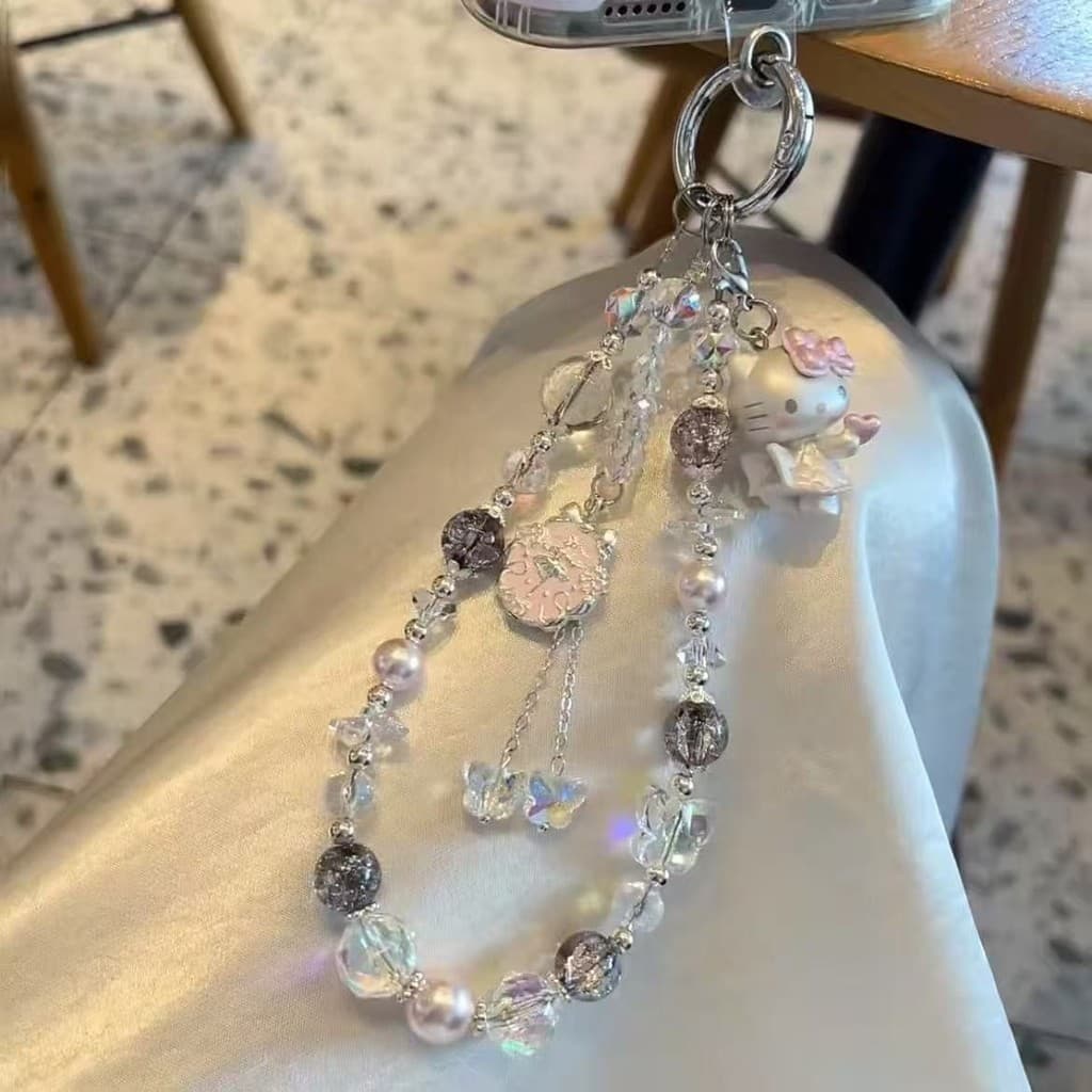 Bonita alça de telefone rosa com gato KT e pérolas, pingente de câmera CCD de nicho, chaveiro doce e requintado para men