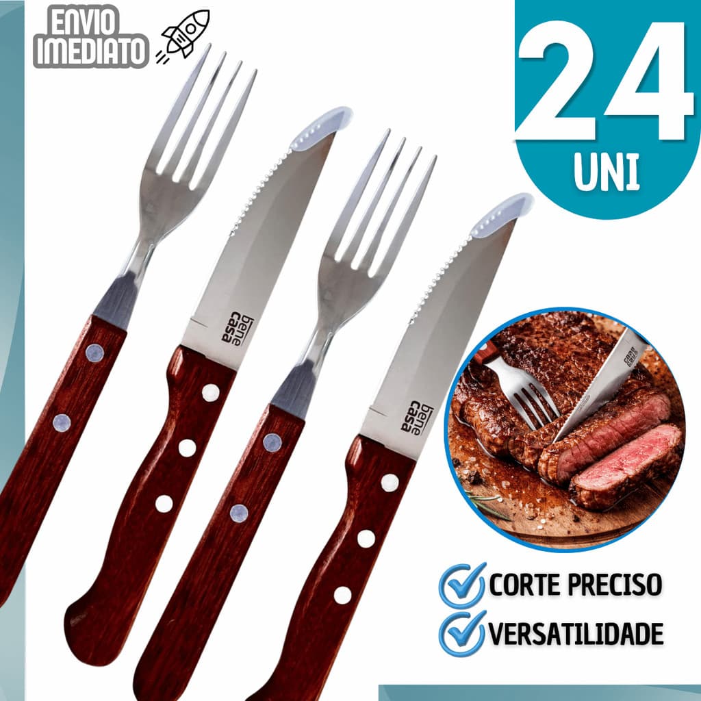 Talheres Garfo e Faca Profissional 24 Peças Para Churrasco Carnes Nobres Aço Inox + Cabo Madeira Resistente Premium