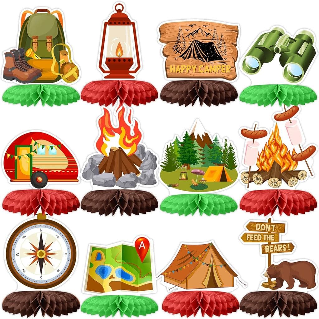Tarklanda 12 Peças Decorações de Mesa para Festa de Acampamento com Tema Colmeia, Decorações para Festa de Aventura ao A