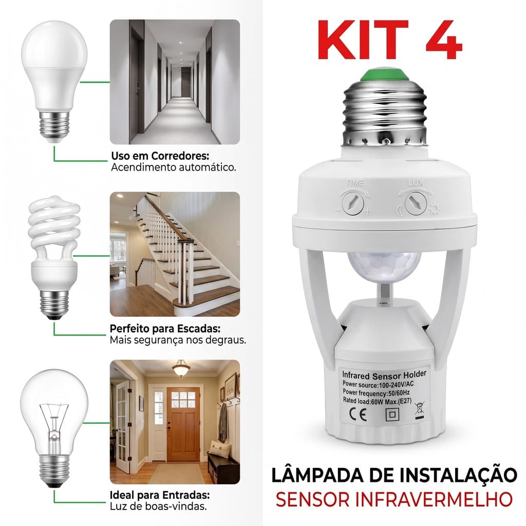 Kit Sensor de Presença com Fotocélula para Lâmpada Soquete – 1/2/3/4 Unidades, Bivolt 110V~220V