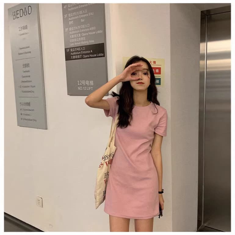 Vestido preto de manga curta camiseta vestido verão novo estilo saia feminina temperamento versão coreana fino ajuste ma