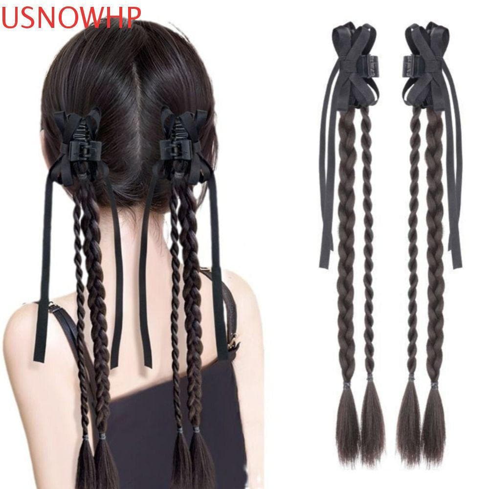 USNOWHP 2 Peças De Rabo De Cavalo Com Laço Preto , Estilo Balé , Duplo , Peruca De Trança Torcida Natural