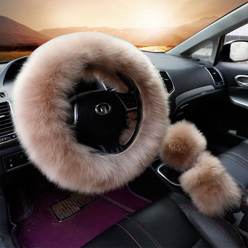 Novo estilo costurado à mão de pelúcia capa de volante pele integrada acessórios do carro lã quente bloco lidar com conj