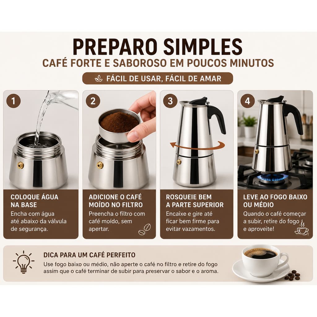 Cafeteira Italiana Inox Moka 2/4/6/9/12 Xícaras Café Forte Fogão Gás Indução 100ml a 600ml