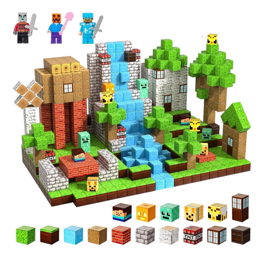 Kit 100 Cubos De Construção Magnéticos Mine Blocos Estilo Mundial + 3 Figuras