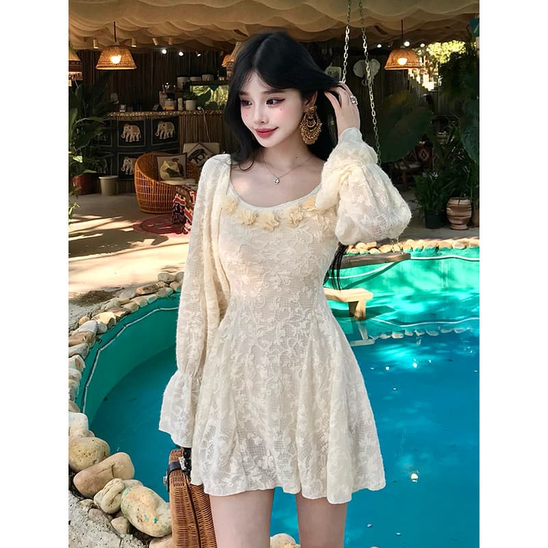 Estilo de férias damasco renda Plus Size maiô de uma peça feminino ligeiramente gordo menina saia de manga comprida esti