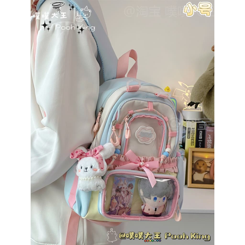 Mochila bidimensional fofa para meninas, cor contrastante, transparente, bolsa para dor, pequena escola primária, crianç