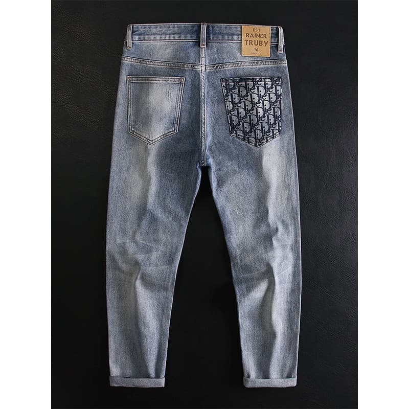 High-End luz azul Jeans masculino fino ajuste pequeno em linha reta rua Wear bens europeus luz luxo Casual todos