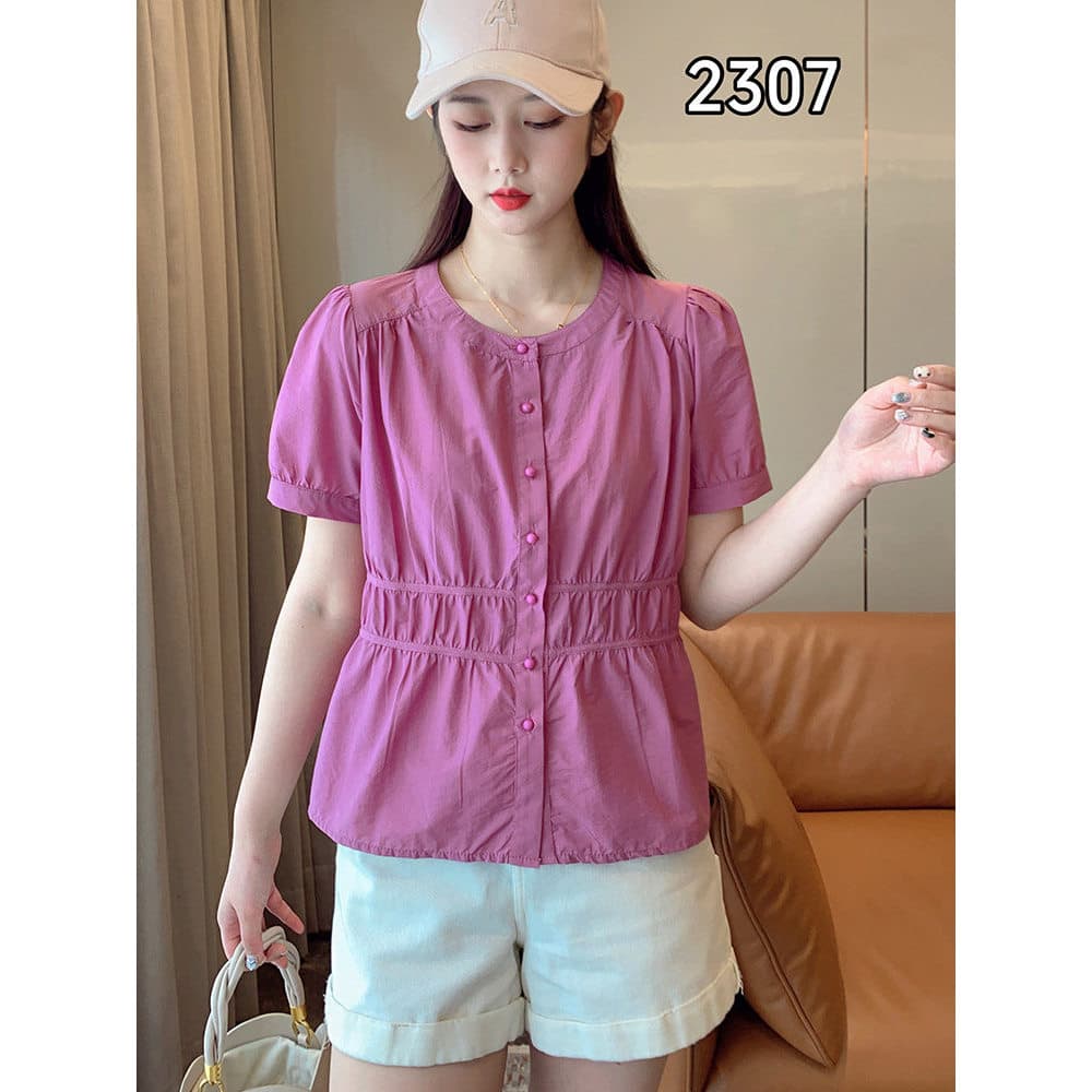 Novo estilo feminino verão novo produto de manga curta cor sólida em torno do pescoço camisa feminina Cardigan cintura e