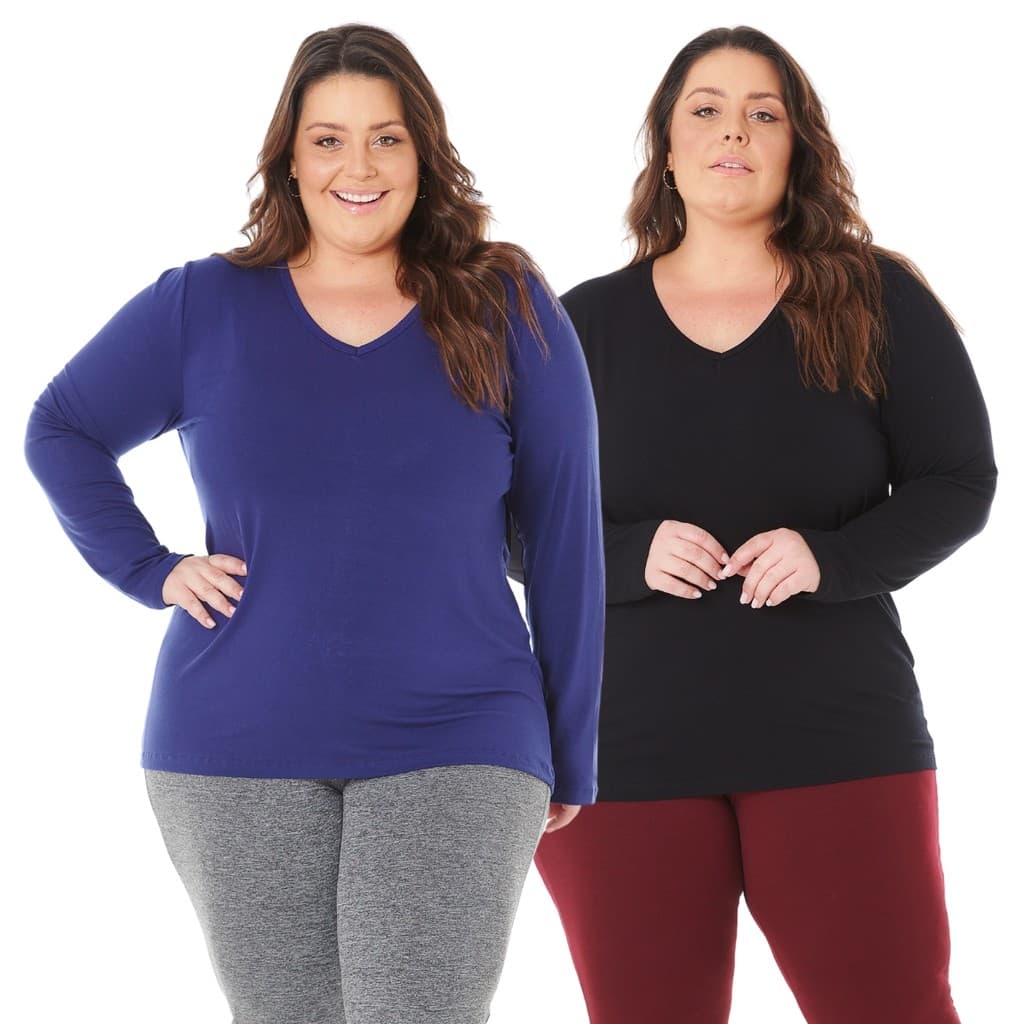 Kit com 2 Blusas Femininas Plus Size Gola V Manga Longa 1129-K2-DROP