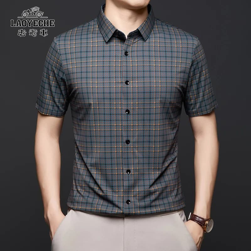 Carro clássico primavera verão novo estilo lapela masculina de manga curta negócios Casual moda All-Match camisa xadrez