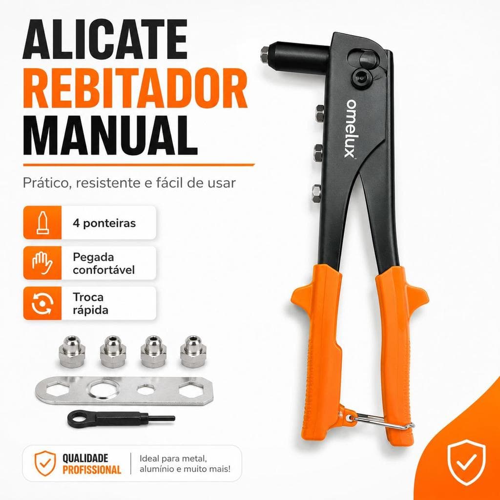 Alicate Rebitador Manual Profissional com 4 Ponteiras Intercambiáveis, Cabo Ergonômico Antiderrapante, Corpo Metálico Re