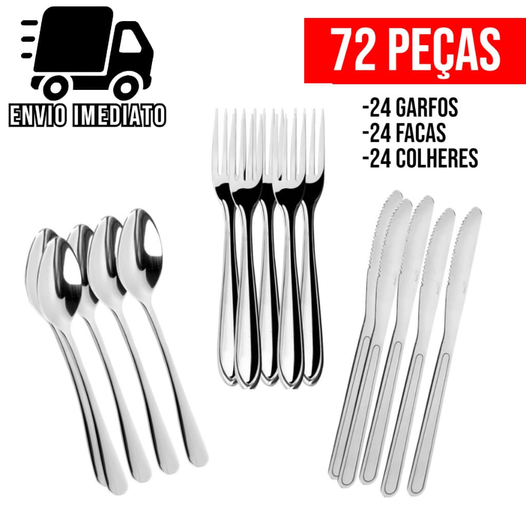 Jogo de Talheres 18 36 e 72 Peças Garfo Faca e Colher para Cozinha Aço Inox Premium VM