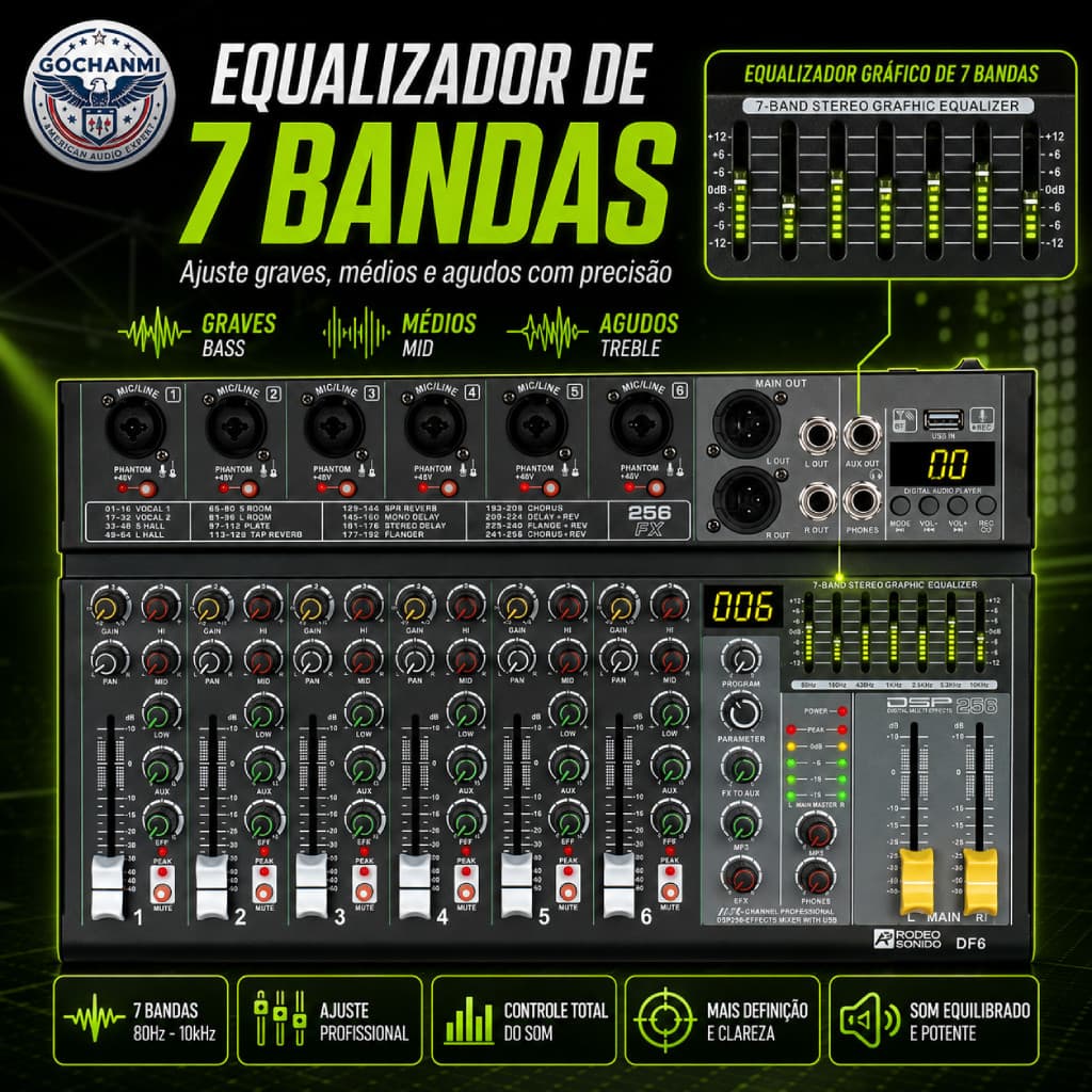 GOCHANMI DF6 Mixer de Áudio 6 Entradas MIC LINE Phantom +48V Individual 256 Efeitos DSP