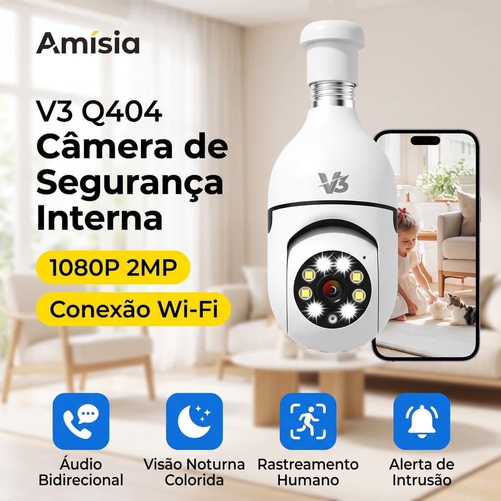 Câmera de Segurança Interna 1080P 2MP com Microfone Visão Noturna Bivolt - V3 Q404