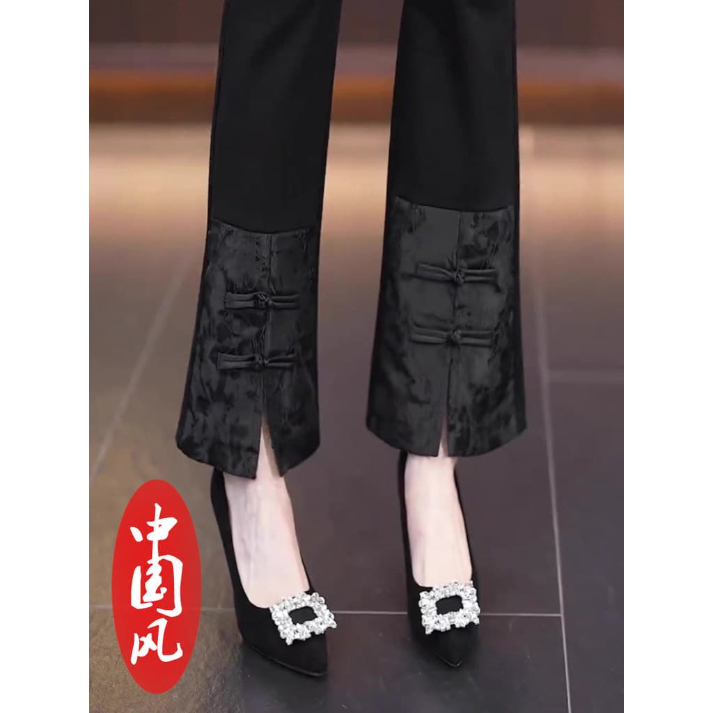 Fivela de disco estilo chinês calças femininas 2026 novo estilo venda quente preto fenda Micro-Flap calças primavera out