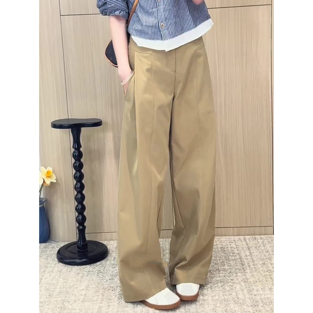 Retro perna larga café cor calças femininas 2026 primavera outono novo estilo velho dinheiro estilo Design cáqui pequeno