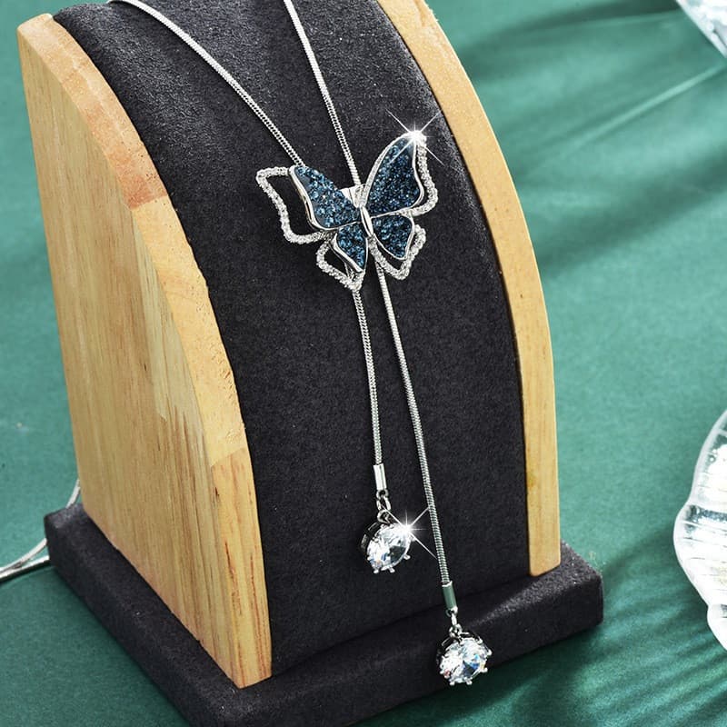 Colar Longo de Borboleta de Cristal Azul para Mulheres ZIFA