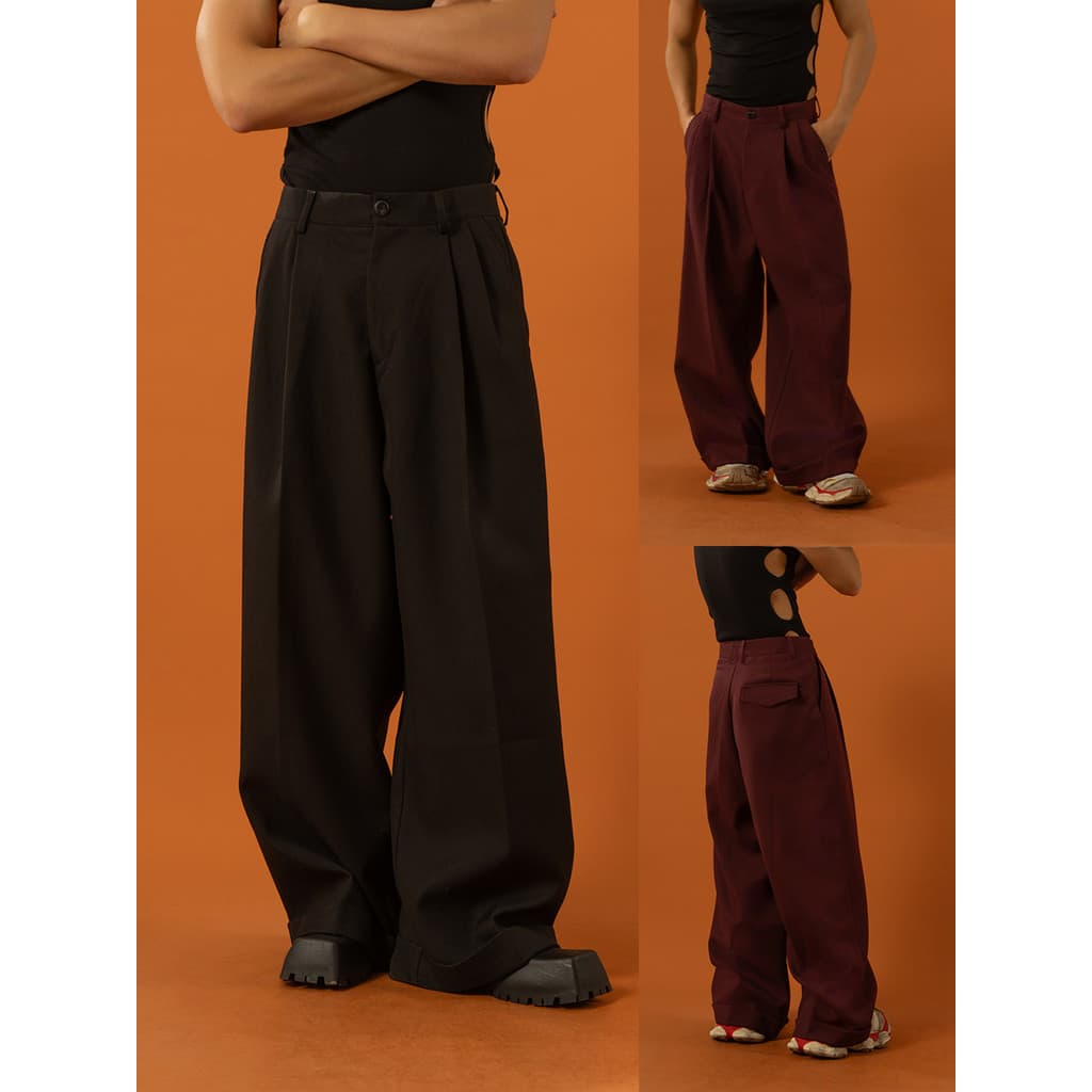 CLP Preto Vermelho Calças Plissadas Design Grande Perna Larga Calças Casuais Homens Soltas Retas Drape Curling Side Flar