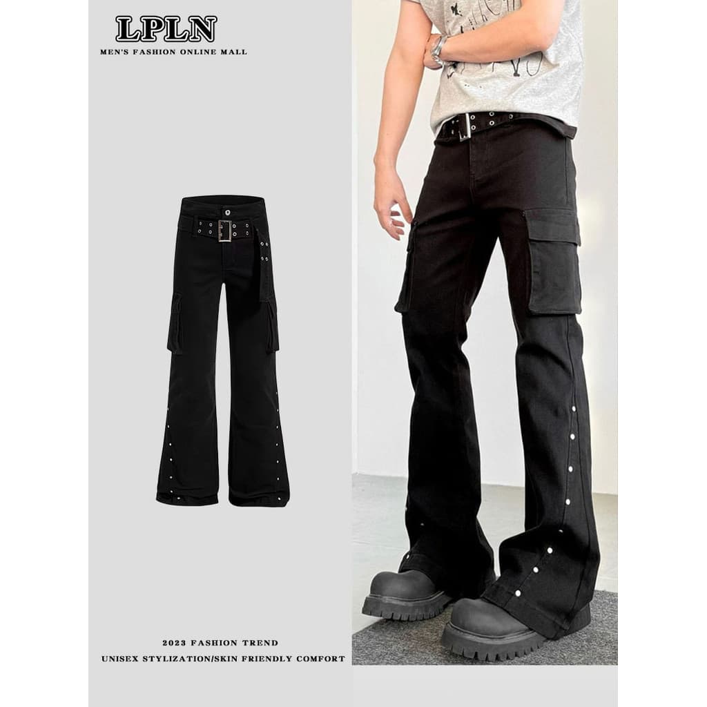 LPLN American Black Street Multi-Bolso Loose-Leaf Metal Rebites Costura Cannonball Calças Homens Mulheres Slim-