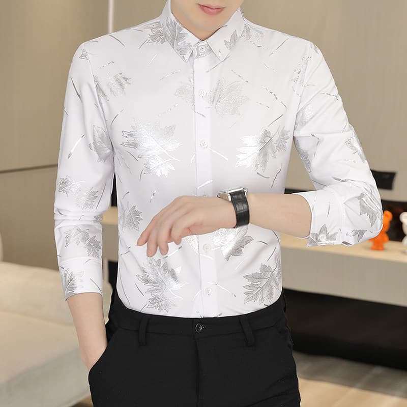 Outono luz luxo camisa de manga comprida moda na moda Maple Leaf impressão Drape camisa Casual masculino Bottoming topo