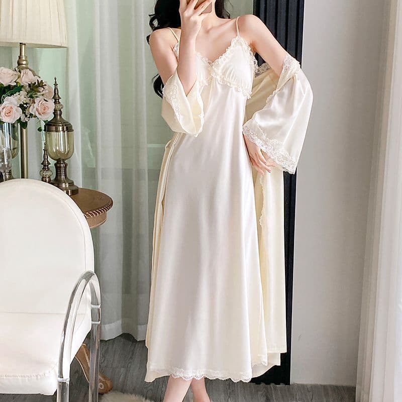 Pijamas femininos de seda gelo manga comprida camisola de renda francesa estilingue camisola com almofada no peito de du