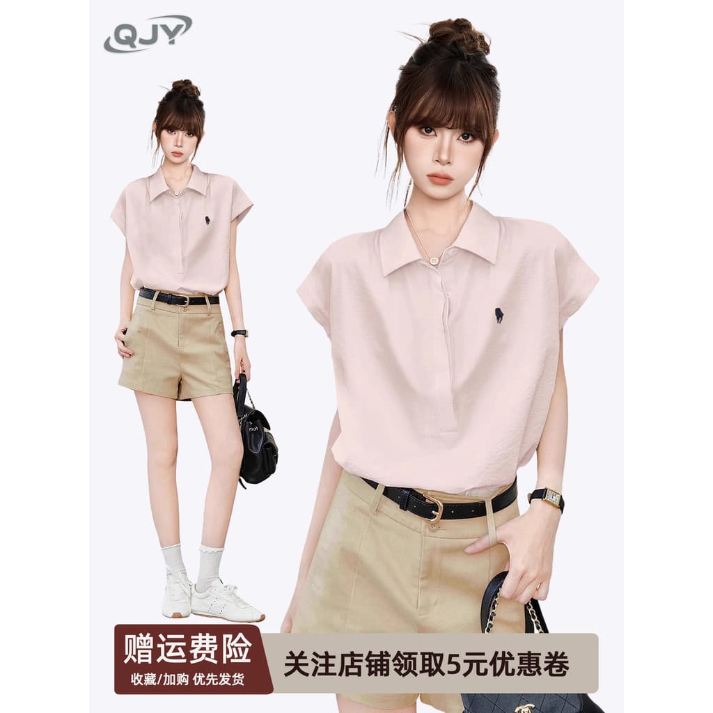 Camisa polo rosa ombro camisa de manga curta feminina verão verão Design camisa solta pequena camisa Commuter Wear topo