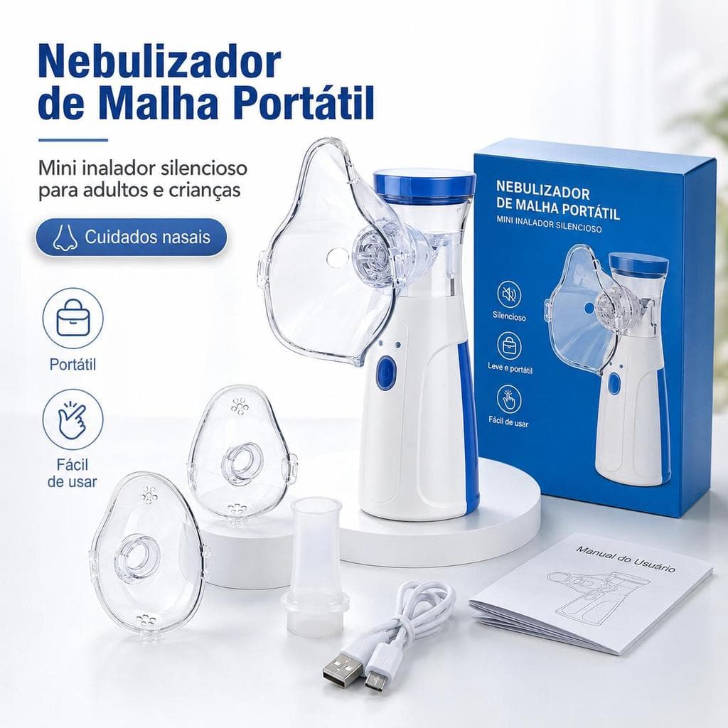 Nebulizador de Malha Portátil, Mini Inalador Silencioso USB-C com Máscaras Adulto e Infantil, Névoa Fina para Adultos e