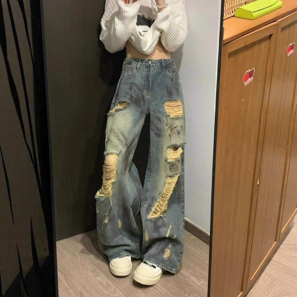 Calças jeans femininas de perna larga, design rasgado de verão, estilo americano, cintura alta, tamanho grande, corte so