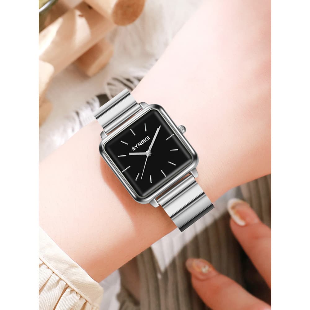 SYNOKE Moment Moda Tendência Pequeno Relógio Quadrado Liga Tira Prego Escala Dial Relógio de Quartzo Senhoras Luz Luxo