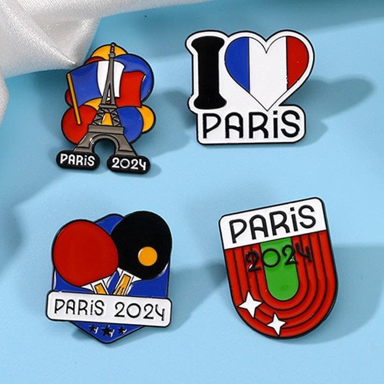 2024 Broche de mercadoria olímpica de Paris, emblema de tênis de mesa, lembrança, broche de liga de gotejamento de óleo,