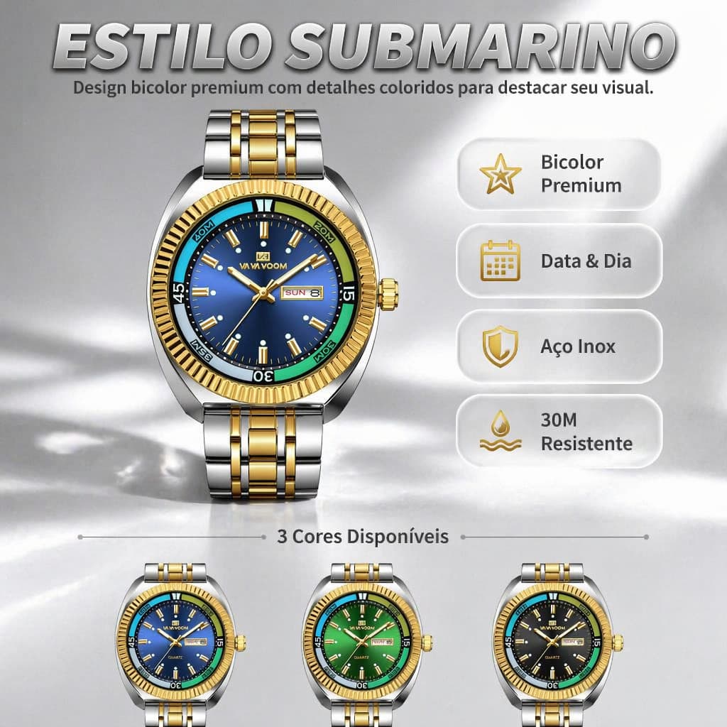 Relógio Masculino Quartzo Aço Inoxidável Display Data Dia Corrente Submarino Resistente à Água 30 Metros Azul Preto