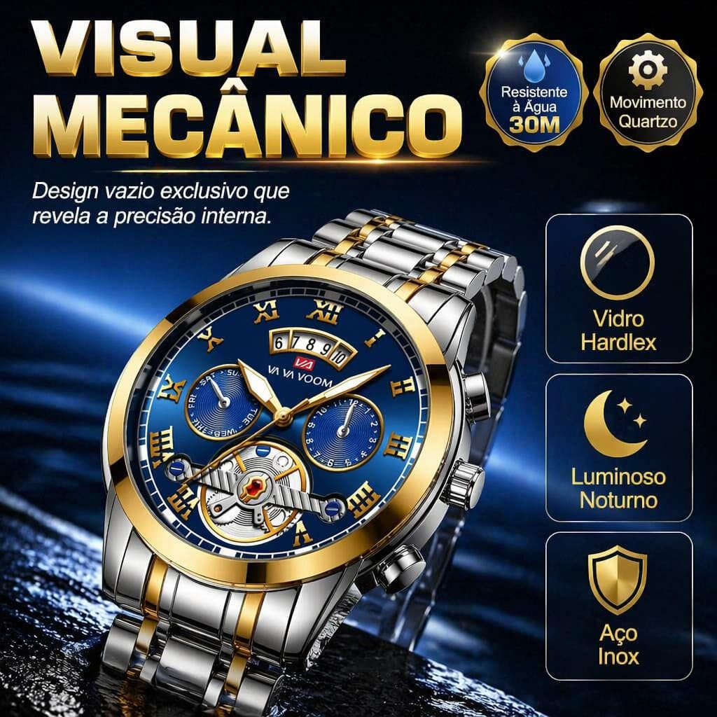 Relógio Masculino Cronógrafo Aberto Mostrador Vazado Aço Inoxidável Resistente Água 30 Metros Calendário Data Dia